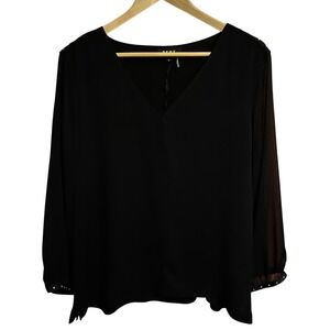 NWT DKNY Women's Black Studded V-Neck Sheer Sleeve Blouse  XL